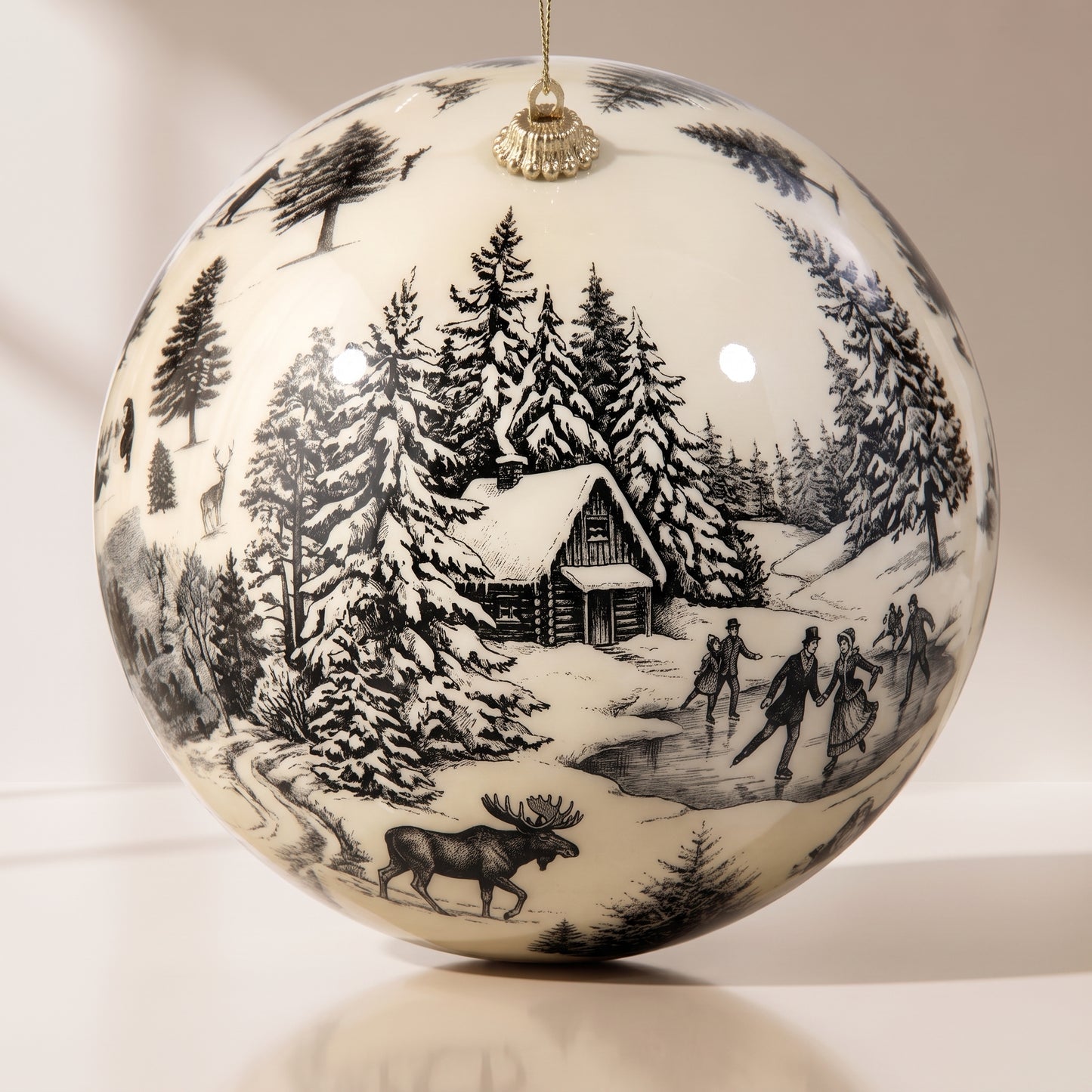 Esfera blanca de vidrio con estampado de bosque 16 cm