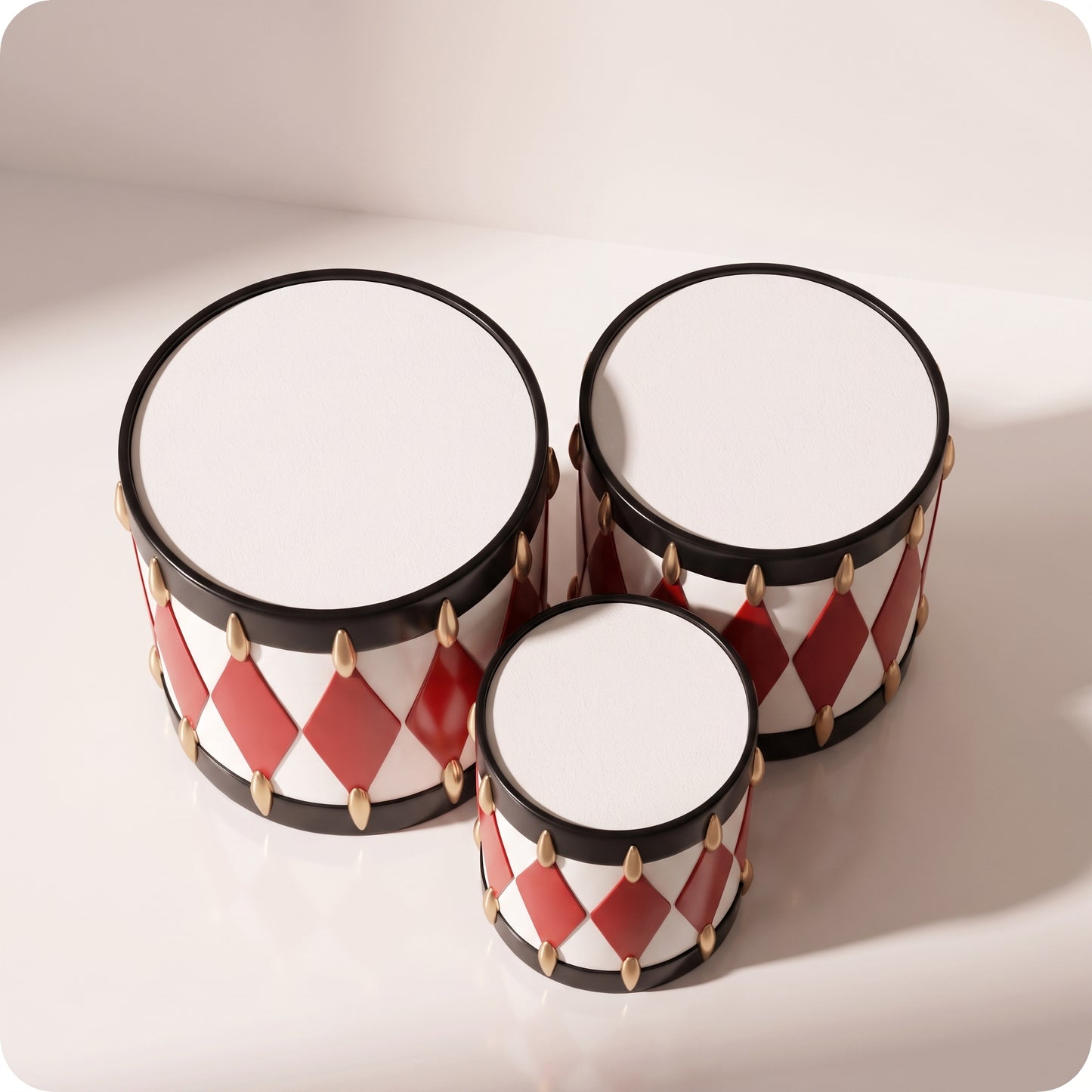 Set de tambores de resina blanco con rombos rojos y marcas doradas