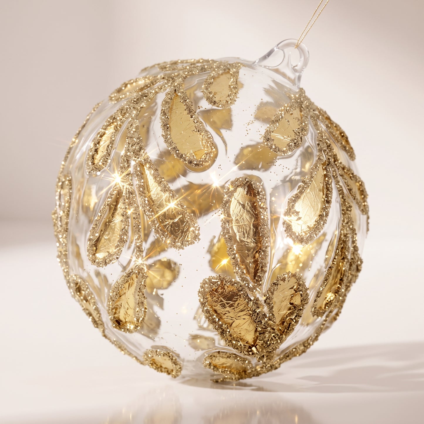 Esfera de vidrio, hojas de oro transparente, purpurina dorada