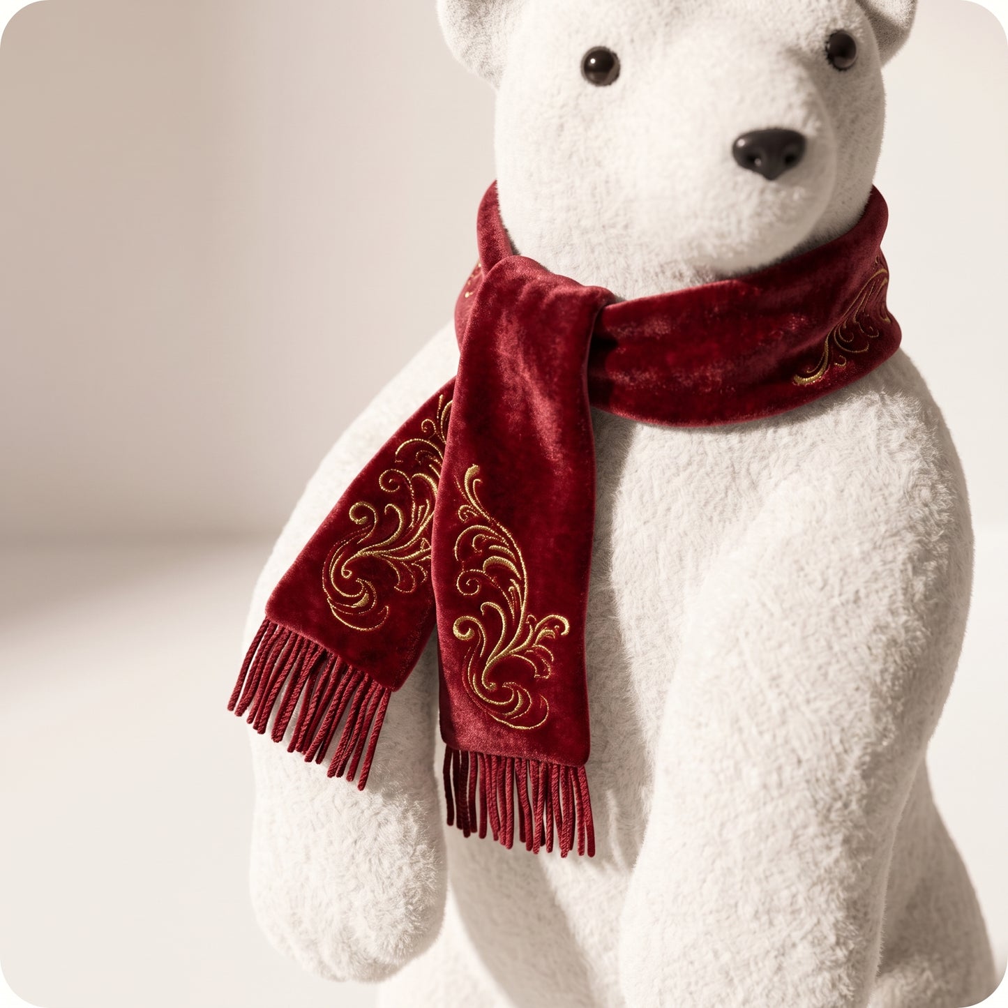 Elegante oso polar blanco con bufanda roja parado 1