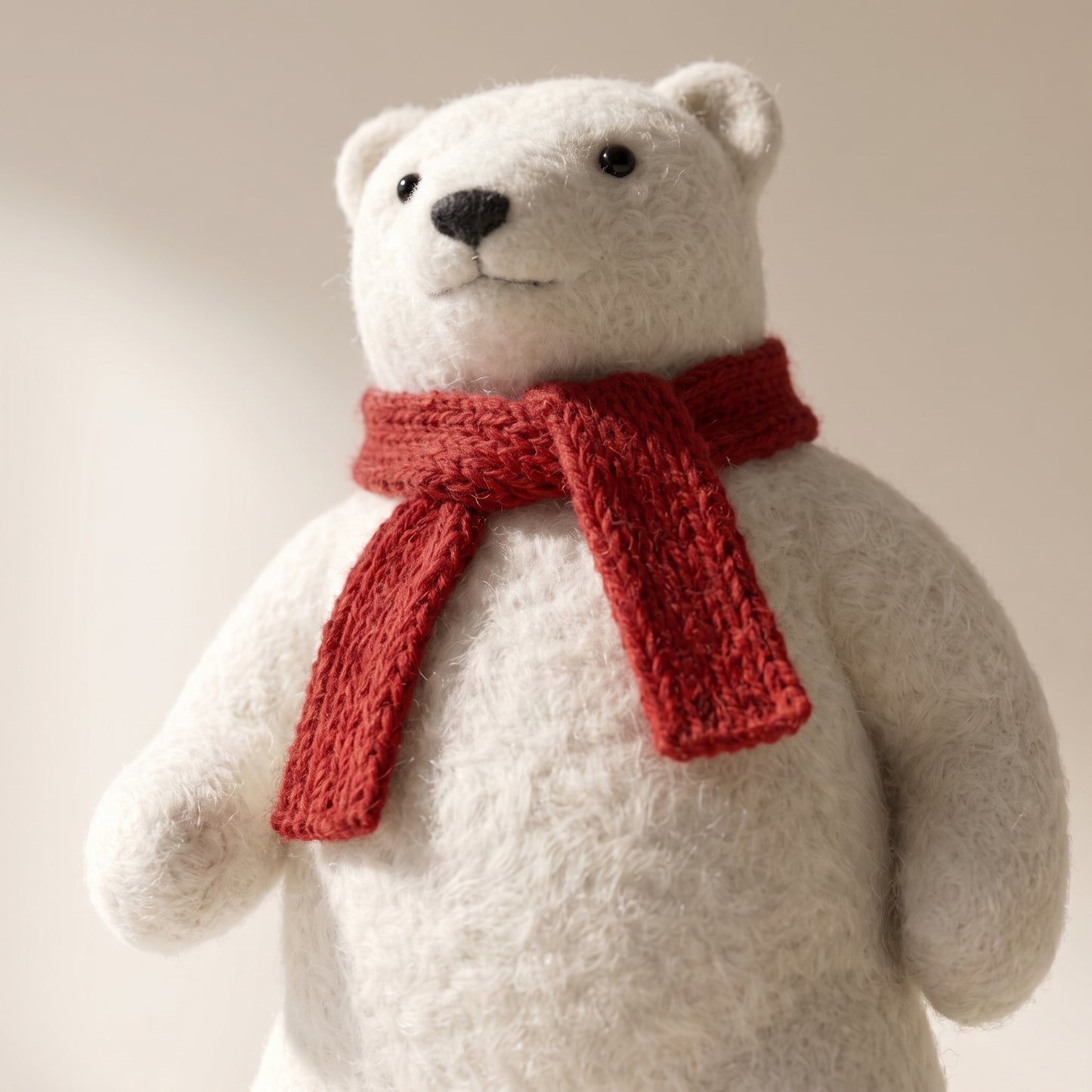 Elegante oso polar blanco con bufanda roja caminando 1