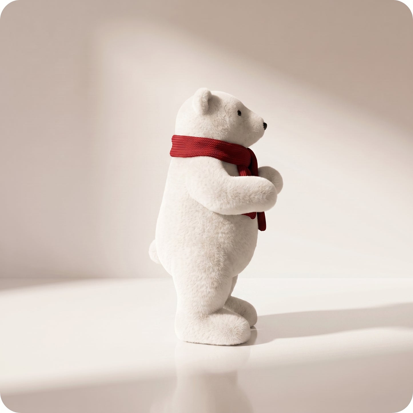 Elegante oso polar blanco con bufanda roja parado