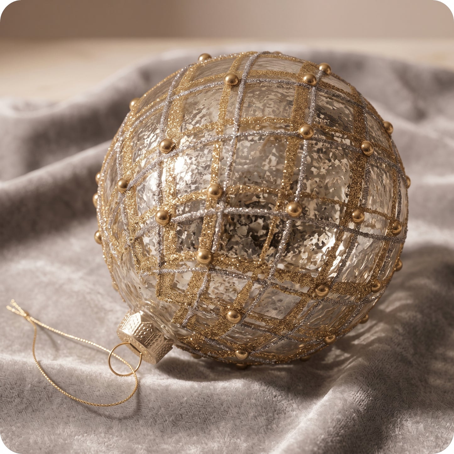 Esfera de cristal de lineas plata y oro con perlas 16 cm