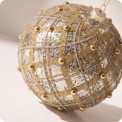 Esfera de cristal de lineas plata y oro con perlas 16 cm