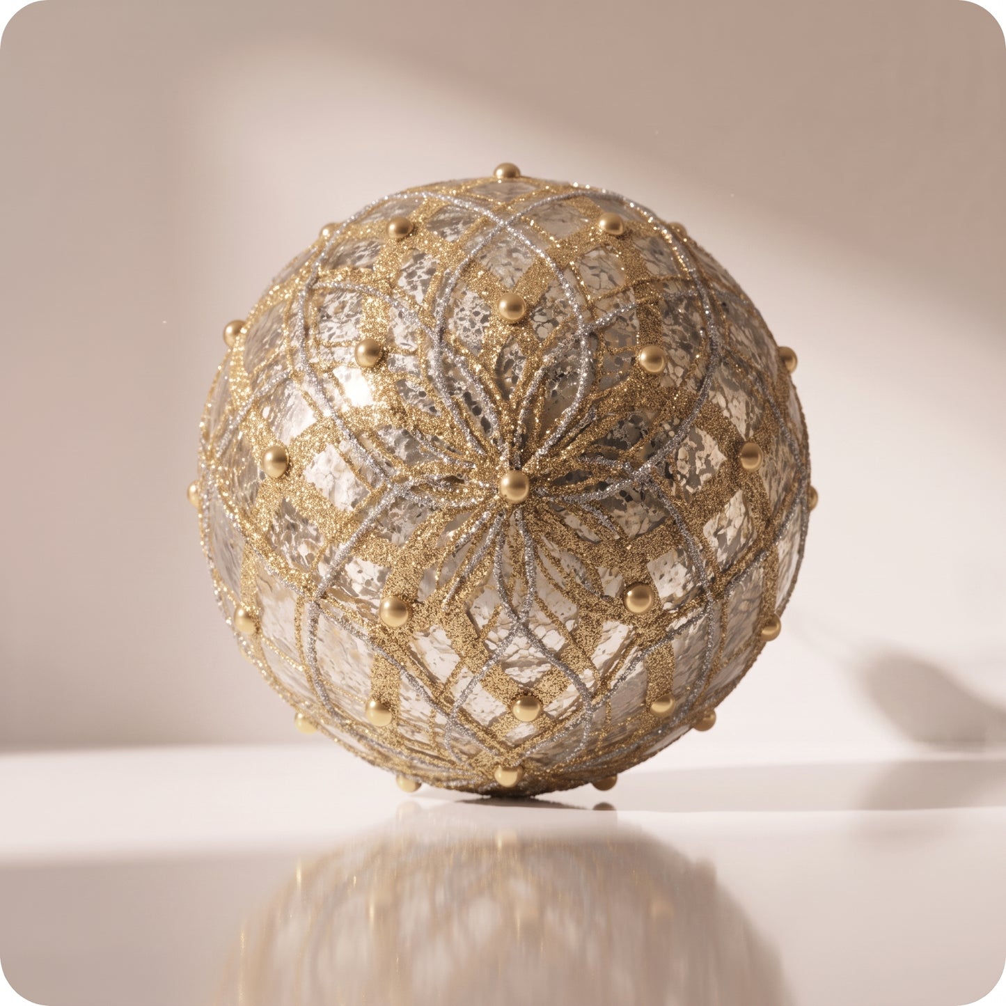 Esfera de cristal de lineas plata y oro con perlas 16 cm