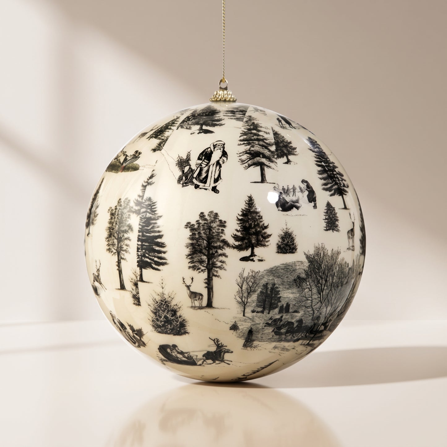 Esfera blanca de vidrio con estampado de bosque 16 cm