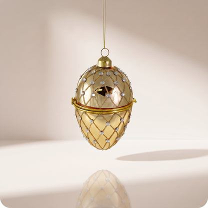 Esfera tipo huevo de apertura de cristal oro brillante con cuentas y diamantes de oro