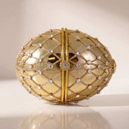 Esfera tipo huevo de apertura de cristal oro brillante con cuentas y diamantes de oro