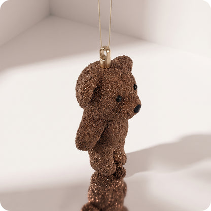 Esfera oso con brillos café y listón 11 cm
