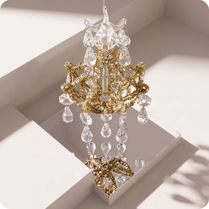Esfera de candelabro con vidrio y brillos dorados 14 cm