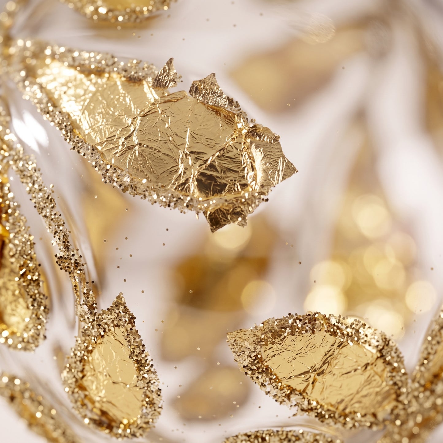 Esfera de vidrio, hojas de oro transparente, purpurina dorada