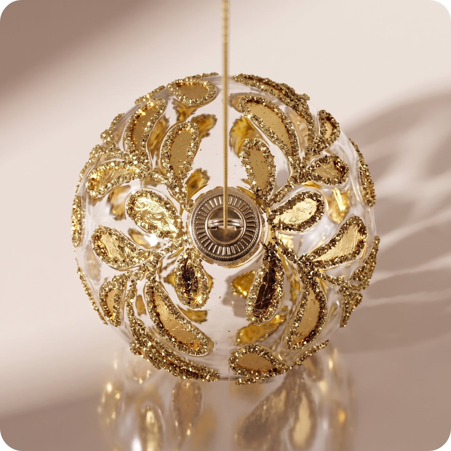 Esfera de vidrio, hojas de oro transparente, purpurina dorada