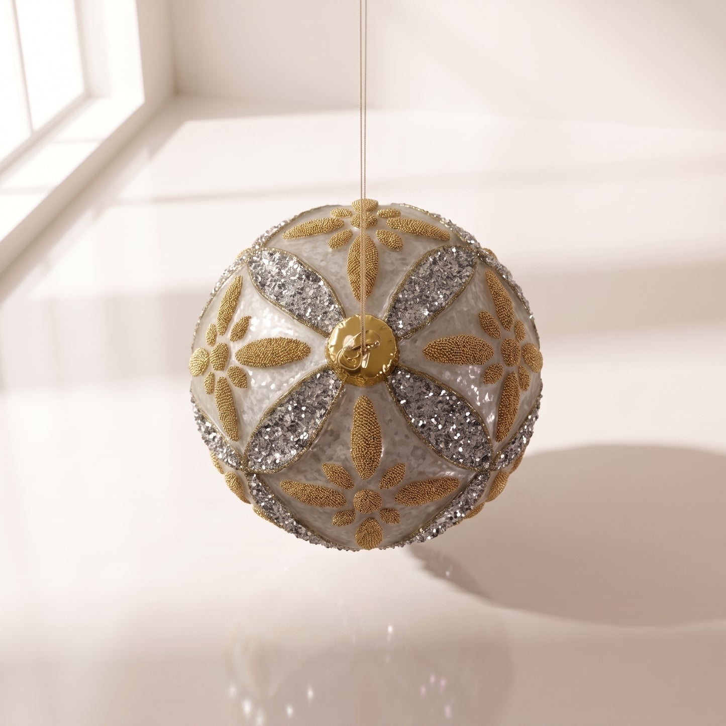 Esfera floral de cristal con esterilla antigua plateada con purpurina de vidrio dorada y cuentas