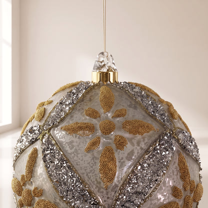 Esfera floral de cristal con esterilla antigua plateada con purpurina de vidrio dorada y cuentas