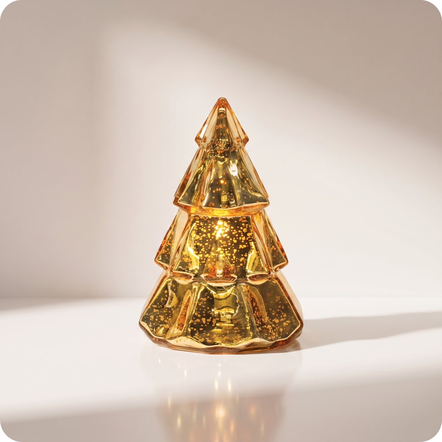 Vela tipo árbol de vidrio con luz led dorada