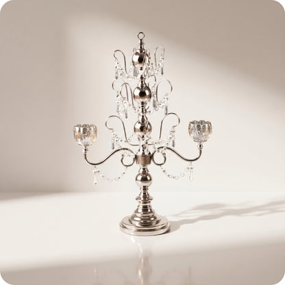 Candelabro chapado en níquel con cristal plateado largo