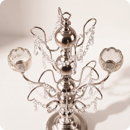 Candelabro chapado en níquel con cristal plateado largo