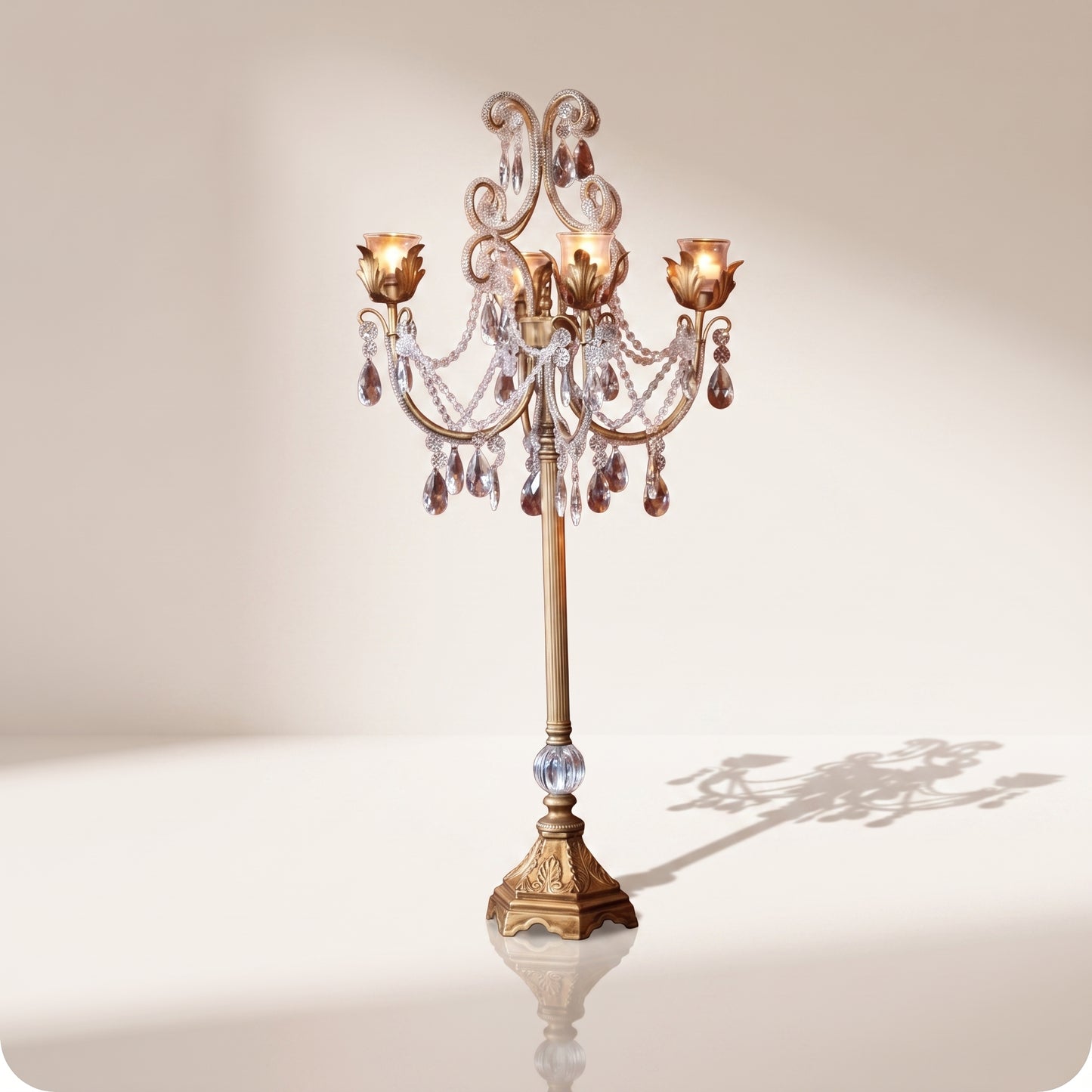 Candelabro chapado en níquel con cristal y diamantes dorado ch