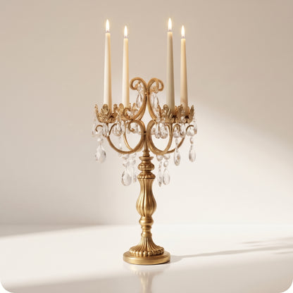 Candelabro chapado en níquel con cristal alto y porta velas dorado