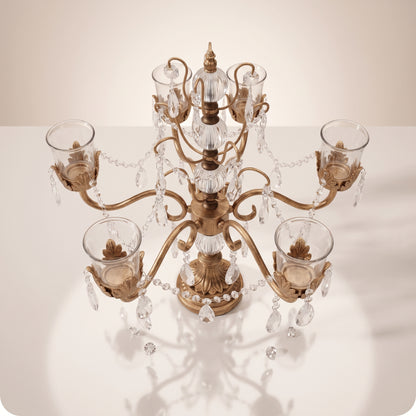 Candelabro chapado en níquel con vasos porta velas de cristal dorado
