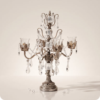 Candelabro chapado en níquel con vasos porta velas de cristal plateado
