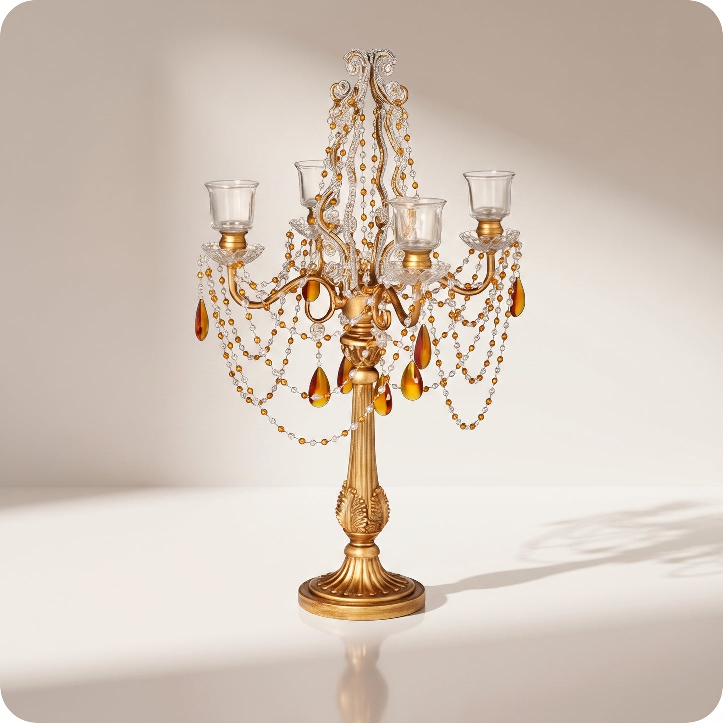 Candelabro chapado en níquel con cuentas amarillas de cristal dorado