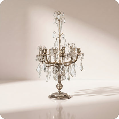 Candelabro chapado en níquel con cristales grandes y porta velas plateado