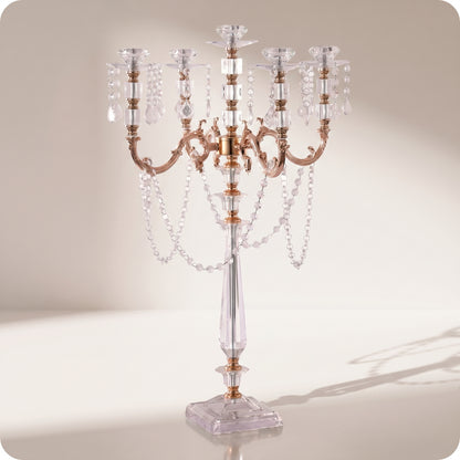 Candelabro chapado en níquel de cristal y porta velas altas dorado