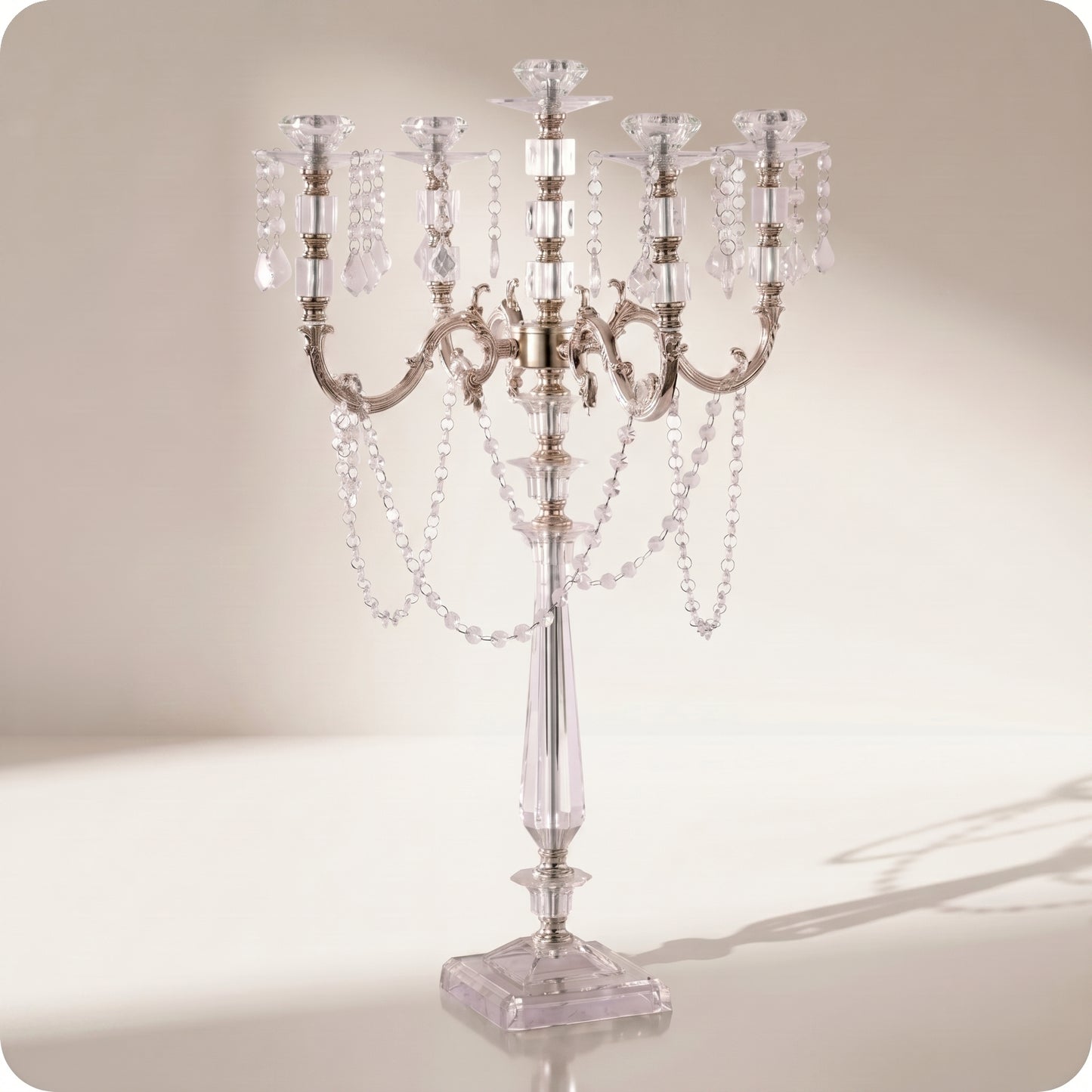 Candelabro chapado en níquel de cristal y porta velas altas plateado