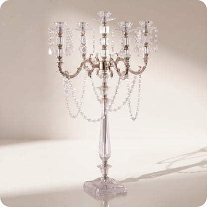 Candelabro chapado en níquel de cristal y porta velas altas plateado