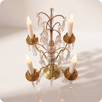 Candelabro chapado en níquel conc ristal y porta velas bajas dorado