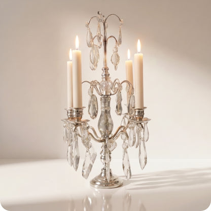 Candelabro chapado en níquel conc ristal y porta velas bajas plateado