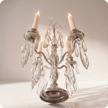 Candelabro chapado en níquel conc ristal y porta velas bajas plateado