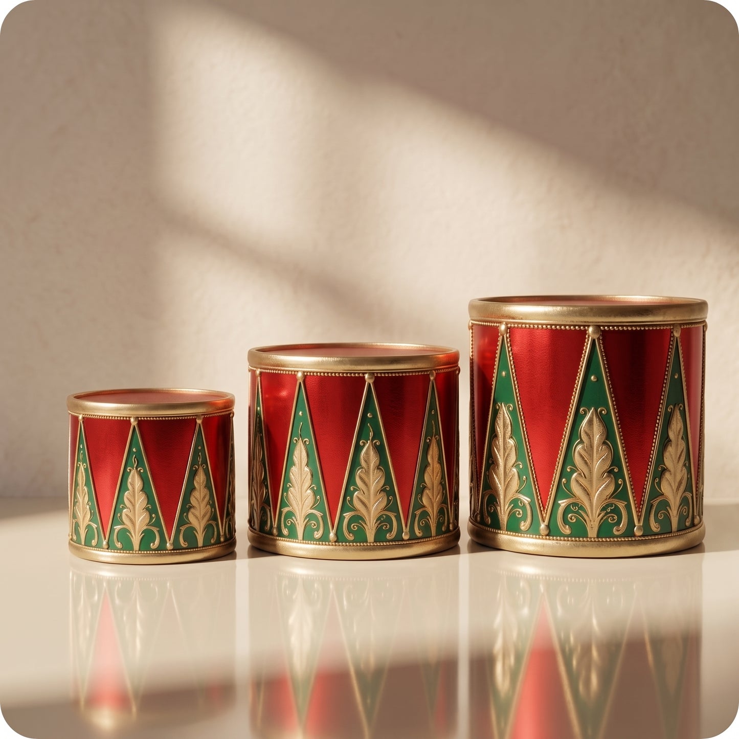 Set de tambores rojos con dorado y triangulos verdes