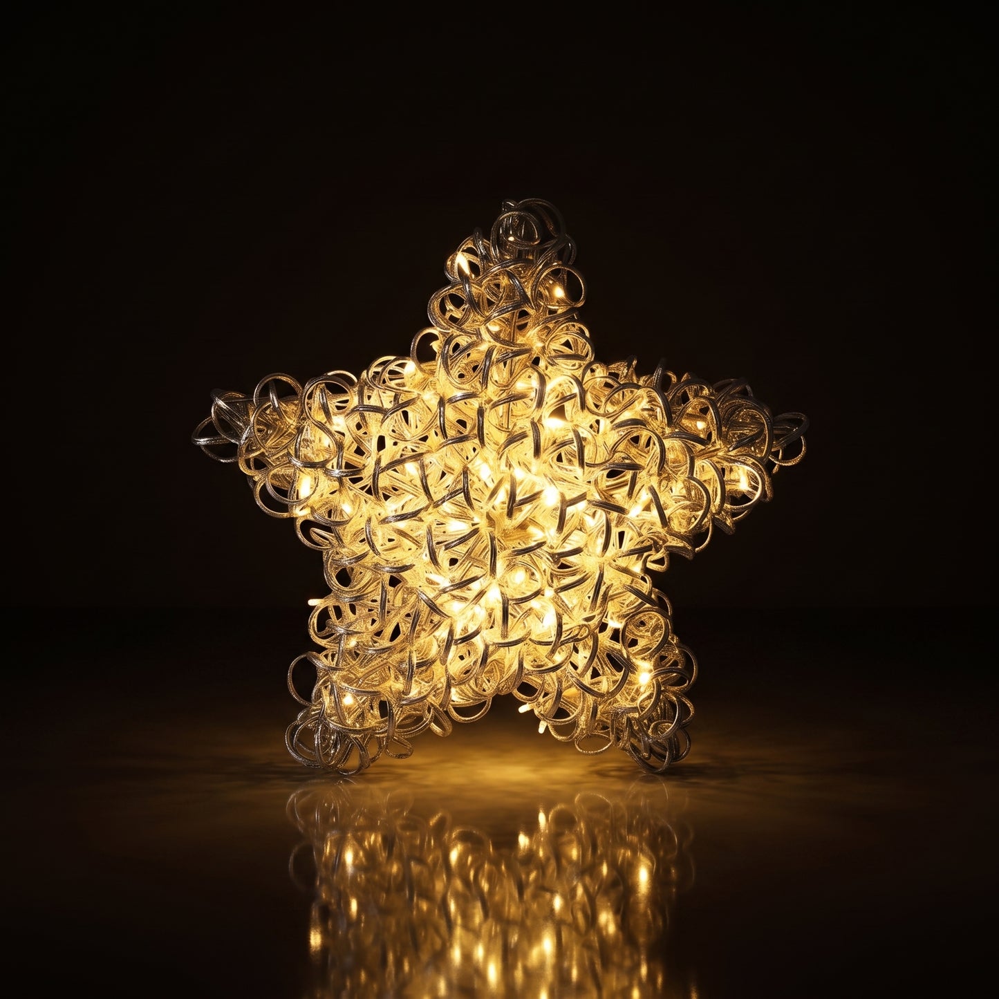 Estrella de red metalica con anillos y luz led calida
