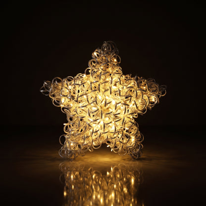 Estrella de red metalica con anillos y luz led calida