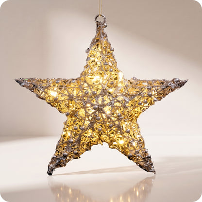 Estrella metalica de red con luz led calida
