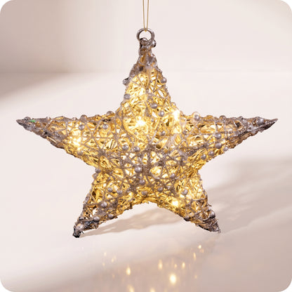 Estrella metalica de red con luz led calida
