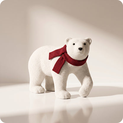 Elegante oso polar blanco con bufanda roja en cuatro patas 3