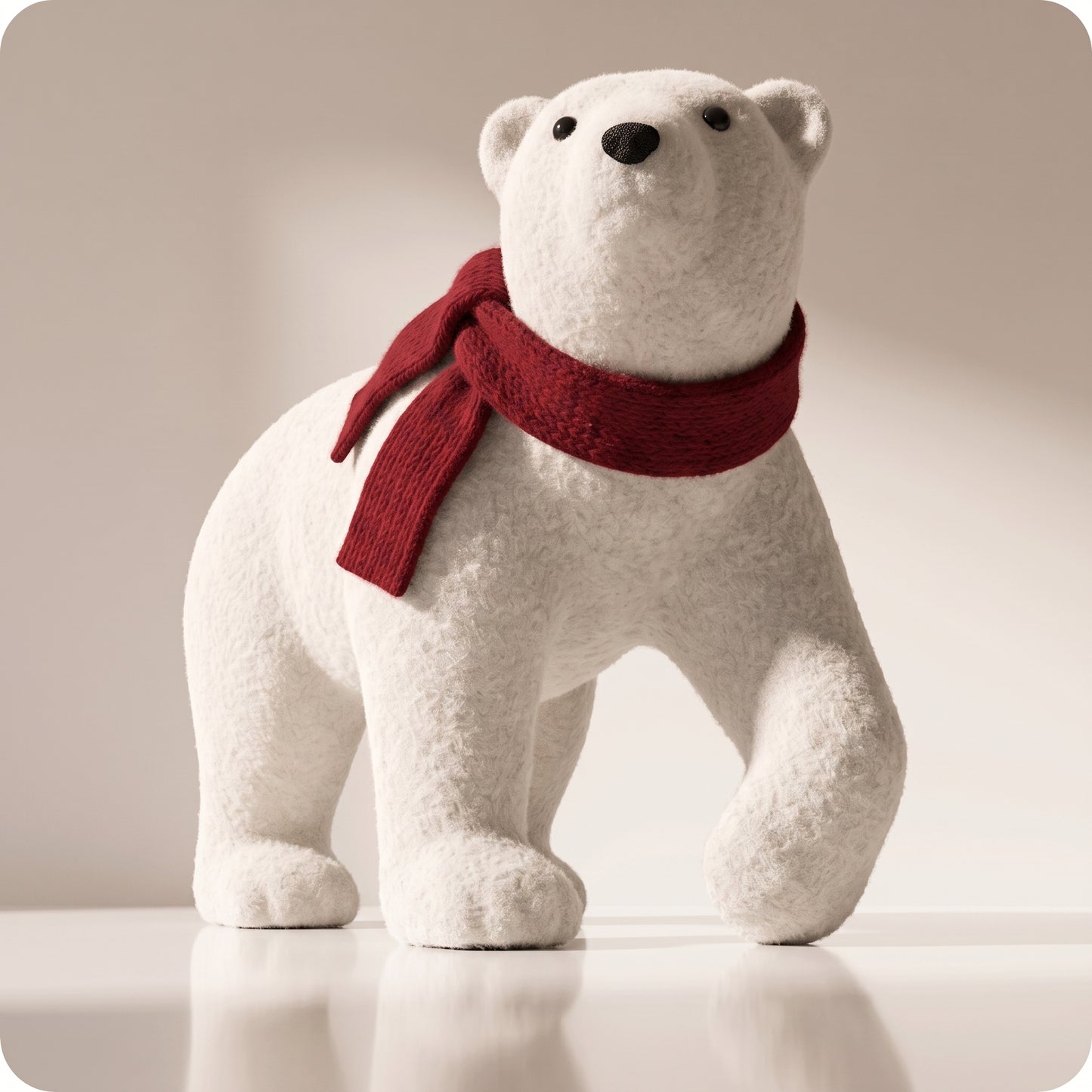 Elegante oso polar blanco con bufanda roja en cuatro patas 3