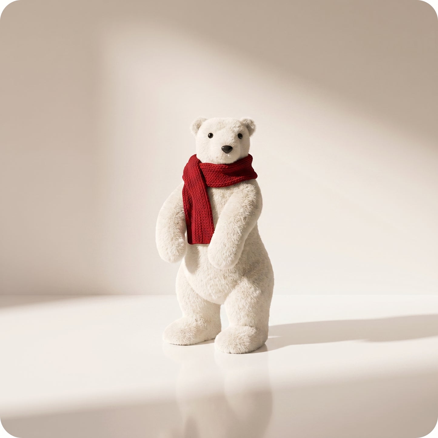 Elegante oso polar blanco con bufanda roja parado 4