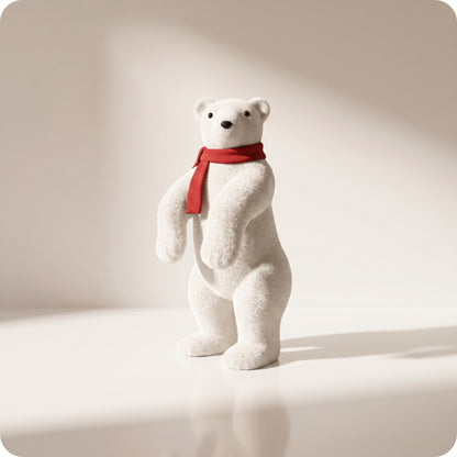 Elegante oso polar blanco con bufanda roja parado 2