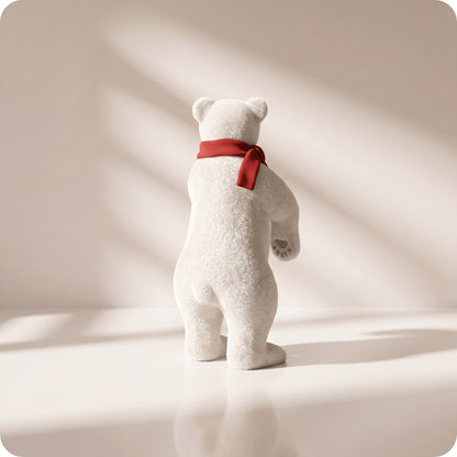Elegante oso polar blanco con bufanda roja parado 2