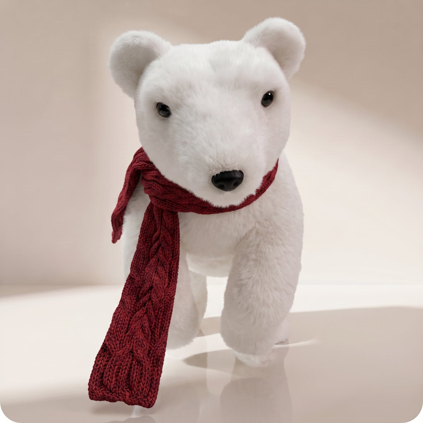 Elegante oso polar blanco con bufanda roja parado 3