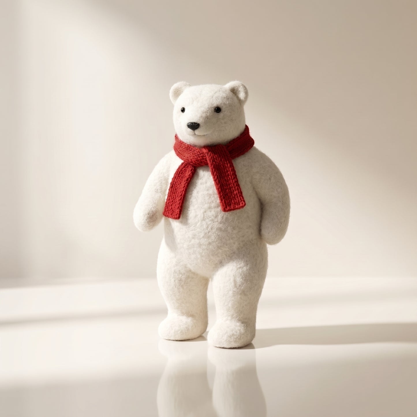 Elegante oso polar blanco con bufanda roja caminando 1