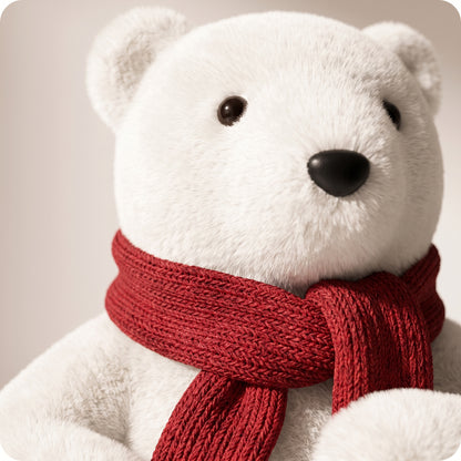 Elegante oso polar blanco con bufanda roja parado