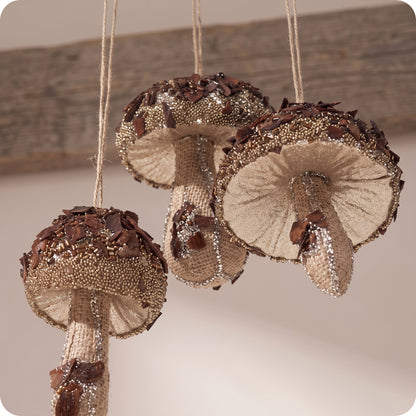 Esferas hongos con glitter marron y piedras en la punta 11 cm