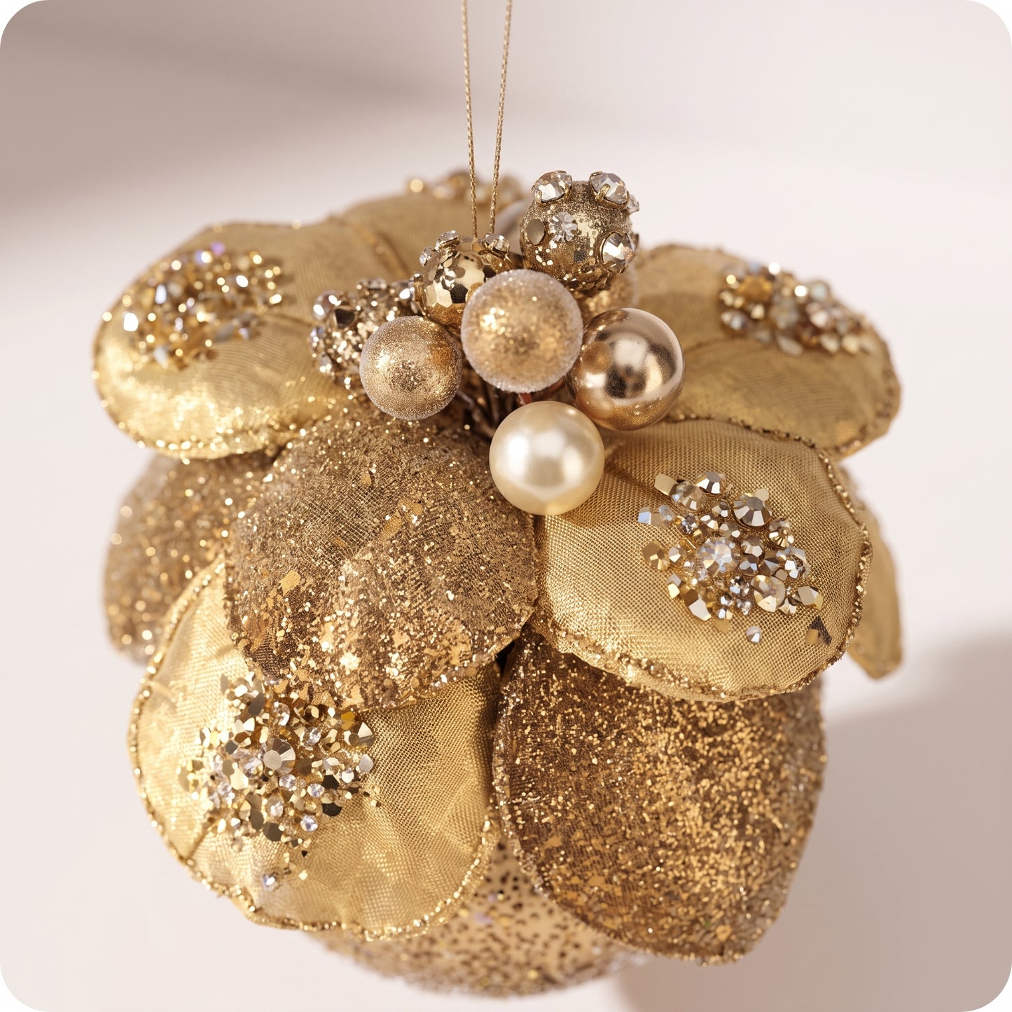 Esfera velvet con joyas y flor de magnolia dorada 11 cm