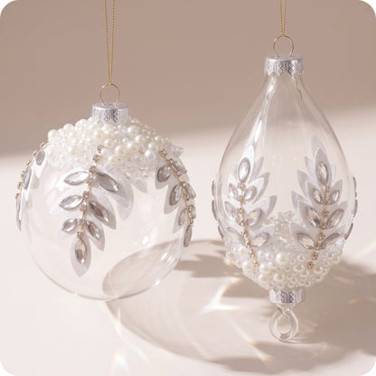 Esferas de vidrio blanco con flores en la punta brillantes 11 y 16 cm