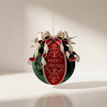 Adorno de terciopelo con la inscripción "merry xmas" y lazo